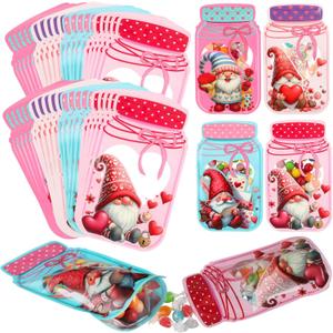 Tinlade 36 Pcs Valentine's Day Mason Jar Bags Bulk 4.1 x 6.9 Inch Cute Valentines Gnomes Stand-up Resealable Candy Gift Bags for DIY Valentine Exchange Party Favors (Multiple Styles,Multicolors)