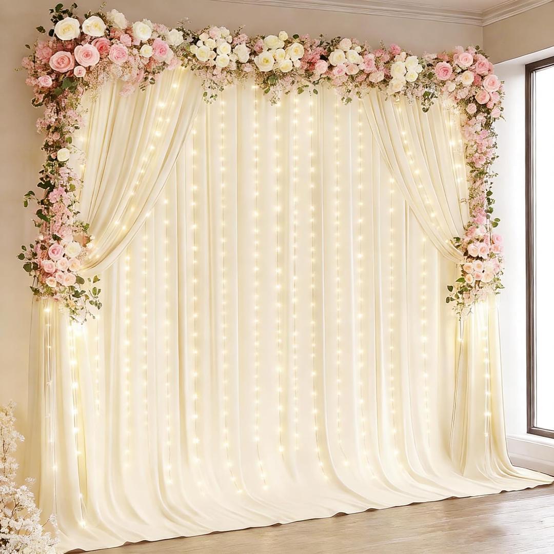 Light Champagne Backdrop Curtains with Lights String for Parties,10x10FT Wrinkle Free Wedding Photo Backdrop Curtains for Baby Shower Birthday Ceremony Reception Home Party Decorations-5ft x 10ft