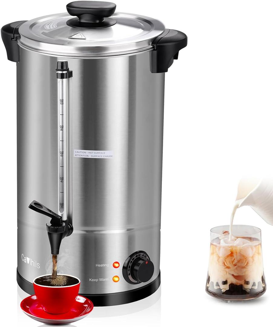Coffee Urn 100 Cup 16L Large Coffee Maker Double Wall Insulation Commercial Stainless Steel Hot Water Urn, with Temperature Control 1500W, 16L Warm