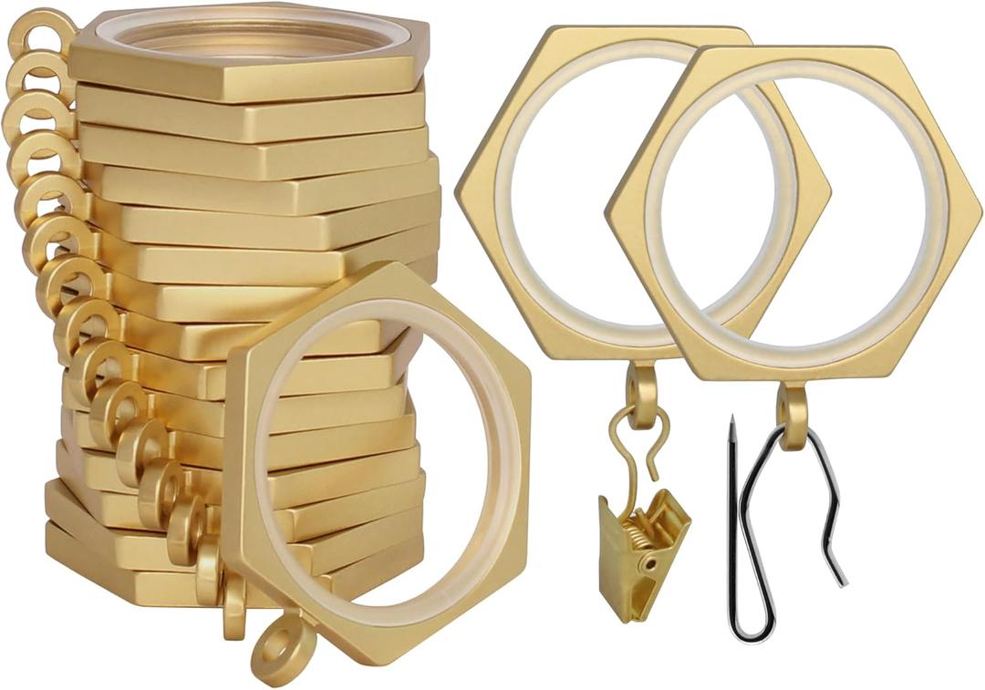 BlastHome Luxury Curtain Rings - Premium Metal with Quiet, Smooth, Removable Nylon Inserts - Pinhooks and Clips Included - 1 1/2" Inside Diameter - 18 Rings for Two Standard Curtains - Brushed Gold