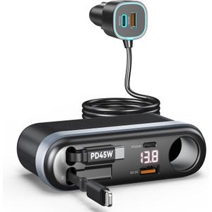 7-in-1 295W Cigarette Lighter Splitter, Cigarette Lighter Adapter with Retractable 45W USB-C/30W Lightning Cables, Car Charger Adapter with LED Voltage Display,5FT Extension Cord for All Car Devices