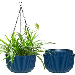 Hanging Planters 9/10/11 Inch for Indoor Plants, 3 Pack Plant Hanger Outdoor with Drainage Holes, Self Watering Hanging Basket Flower Pot for Garden Home Decor, Dark Blue