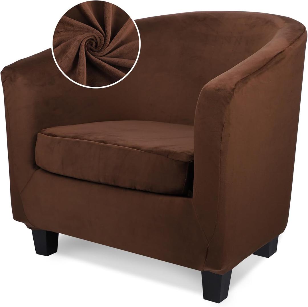 Treaful Chair Cover for Living Room, 2 Piece Barrel Club Chair Slipcover with Chair Cushion Cover, High Stretch Velvet Armchair Barrel Chair Slipcover Washable Furniture Protector for Living Room (Brown)