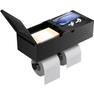 Double Toilet Paper Holder with Shelf, Double Tissue Roll Holder with Wipes Storage, Wall Mount/Adhesive Black Toilet Paper roll Holder,Toilet Wipes Dispenser Organizer for Bathroom Kitchen RV