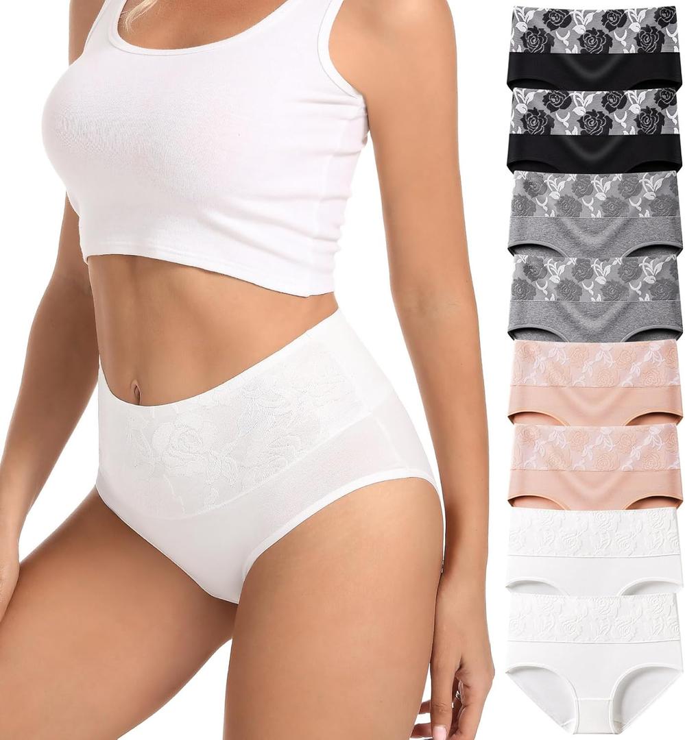 HAVVIS Women's Briefs Underwear Cotton High Waist Tummy Control Panties Rose Jacquard Ladies Panty Multipack (Large)