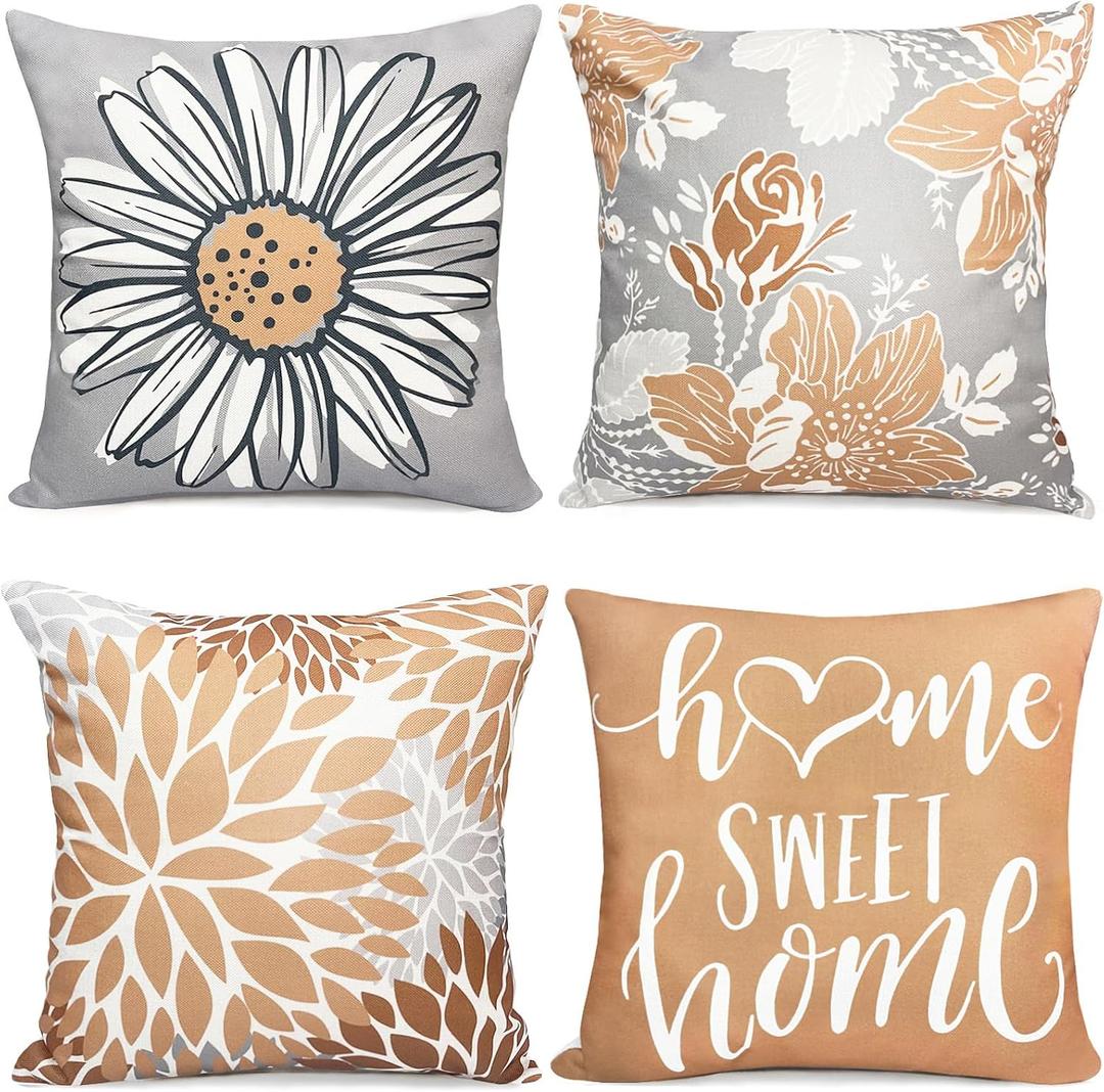 Decorative Throw Pillow Covers Set of 4 Coffee Pillow Covers 16x16 inch Fall Throw Pillow Cover Linen Square Pillowcases Cushion Cover,Boho Pillow Covers for Couch Sofa Farmhouse Home