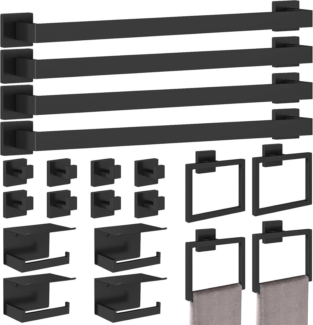 STWWO 20-Pieces Matte Black Bathroom Hardware Set, 24 Inch Bath Towel Bar Set, Stainless Steel Towel Racks for Bathroom Wall Mounted