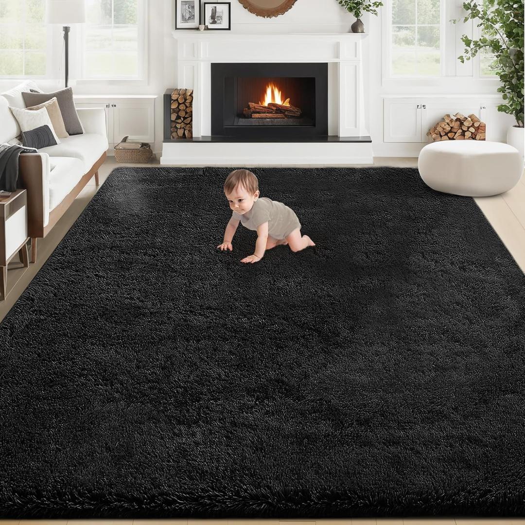 8x10 Area Rugs for Living Room: Fluffy Shag Soft Washable Rug Large Fuzzy Plush Indoor Carpet for Bedroom Nursery Playroom Kids Girls Boys Room (Black, 8'x10')