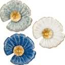 11.8" Metal Wall Decor Pack of 3, Floral Wall Art Decor Wall Sculptures Modern Accent, Wall Hanging Decorations for Home Office Dining Room Bedroom Living Room Blue Kitchen Wall Decor, White and Gold
