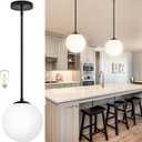 Bagood 10 Inch Globe Pendant Light Contemporary Globe Pendant Lights Black Mid Century Pendant Light Adjustable Hanging Light Fixture Matte Black Finished with Milk Glass Lampshade for Kitchen Island