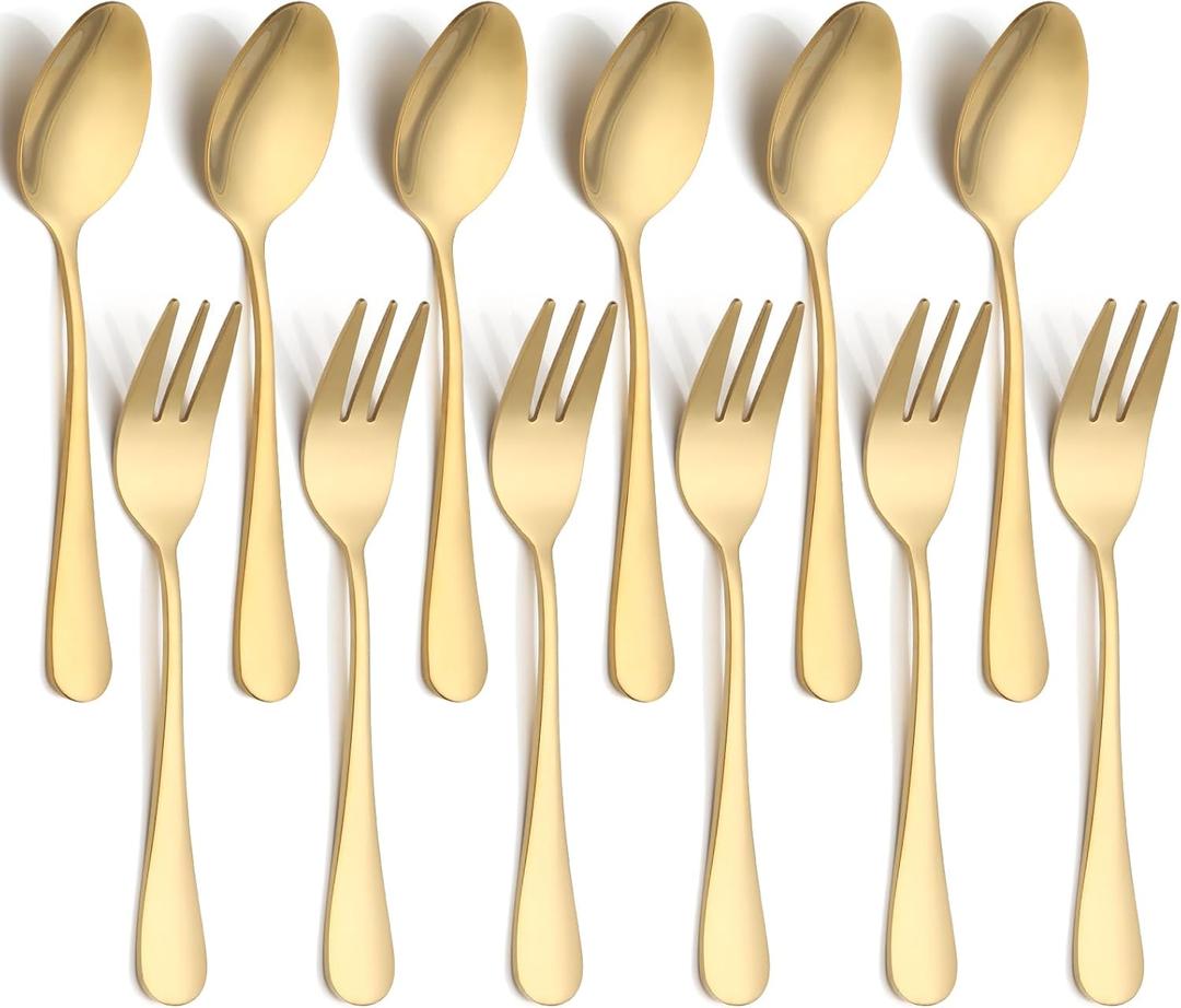 3 x 12 PCS Forks and Spoons Set, Stainless Steel Gold Silverware Set, Flatware Cutlery Set 6 Forks (5.35 inch), 6 Spoons(5.25 inch) for Home and outdoor