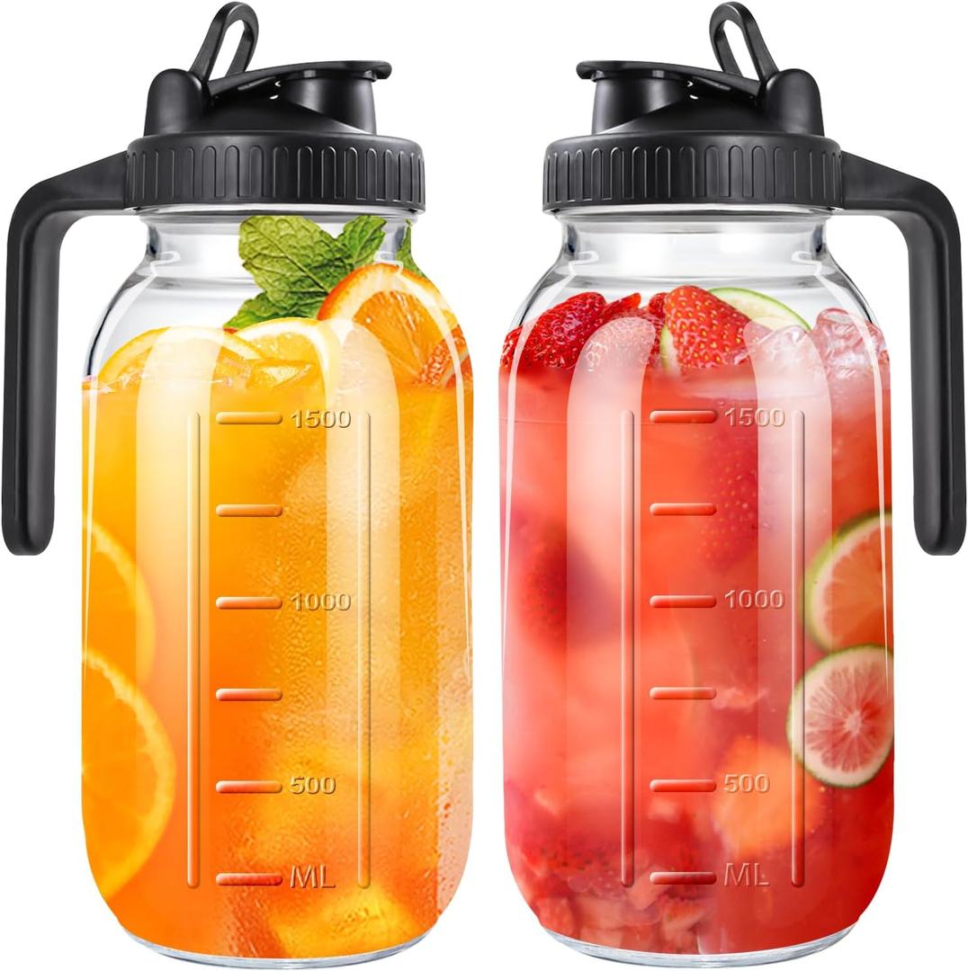 64oz Glass Pitcher with Lid, 2 Quart Mason Jar Pitchers with Lid and Spout, Wide Mouth Breast Milk Pitcher Glass Jug Sun Tea Pitchers, Cold Brew Coffee pitcher, Fridge Container for Water, Juice, Tea