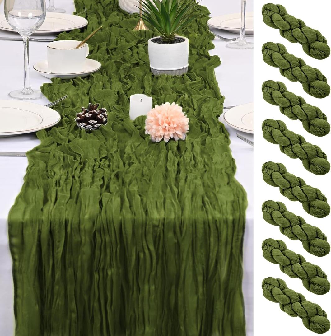 8 Pack Olive Green Cheesecloth Table Runner 17x108 inch Boho Gauze Cheese Cloth Table Runners for Wedding Party Baby Bridal Shower Home Decor