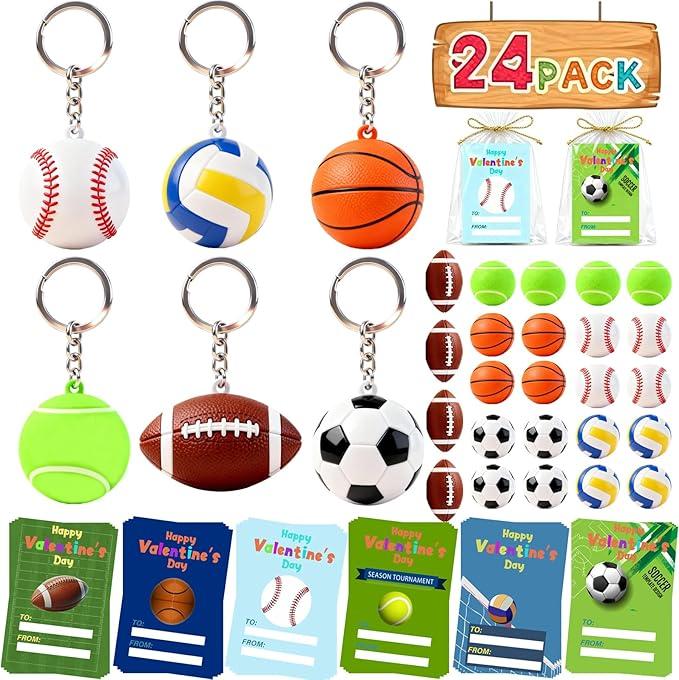 Party Favors Gifts for Kids - 24 Pack Funny Keychains with Valentine Gifts Cards for Boys, Girls, Toddlers, Friends, Classroom School Exchange Party Favors