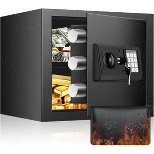 Home Safe Box, Safes with Fireproof Waterproof Bag, 9.84'' H Anti-Theft Digital Security Lock Box with Smart Alert System, Removable Shelf, Mute Function, Document Safes for Jewelry