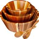 Yunlly Wooden Salad Bowl Set of 5 - Large Fruit Mixing Bowls with Salad Servers Utensils for Serving Dining Accessory - Handmade - Acacia Wood - Large 12", Medium 10", Small 8"(Round Design)