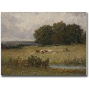 SENLYCH Canvas Painting Poster and Print Cows Painting Wall Art Print Cottage Landscape Print Vintage Summer Art Farm Animal Living Room and Bedroom Office Decoration 8x12inch Wood Frame