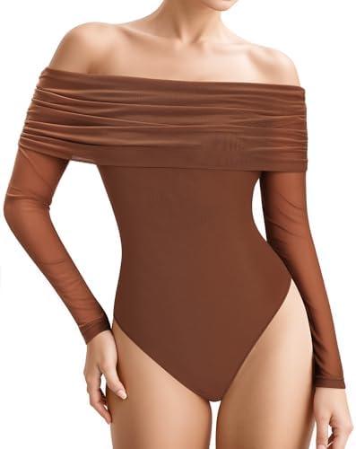 MANGOPOP Women's Off The Shoulder Long Sleeve Bodysuit Sexy Sheer Mesh Top Double Lined Body Suits Fall Outfit 2025, Brown, S