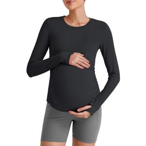 G4Free BareFeel Maternity Long Sleeve T Shirts Crewneck Ruches Pregnancy Workout Tops with Thumbholes Altheltic Yoga Tee, Size US 8