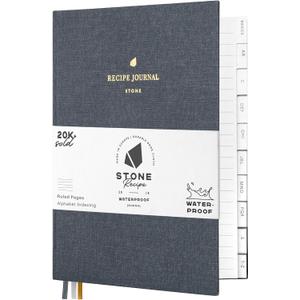 Stone Recipe Journal – 25 x 19 cm Waterproof Paper, 192 Lined Pages with A–Z Index, Conversions & Seasonal Produce, Durable Cotton Cloth Hardcover, Eco-Friendly Kitchen Notebook