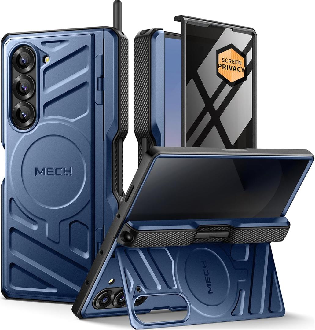 TONGATE for Galaxy Z Fold 6 Case with Privacy Screen Protector, [Compatible with MagSafe][Anti Spy] Shockproof Phone Case, Built-in Stand & Belt Clip & Hinge Cover for Samsung Z Fold 6 2025, Blue