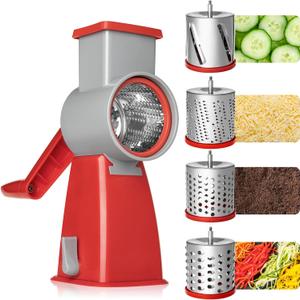 4-in-1 Rotary Cheese Grater Handheld, Lightweight Body with 4 Stainless Steel Blades & Non-Slip Suction Base, for Shredding Parmesan, Slicing Vegetables, Grating ChocolateRed