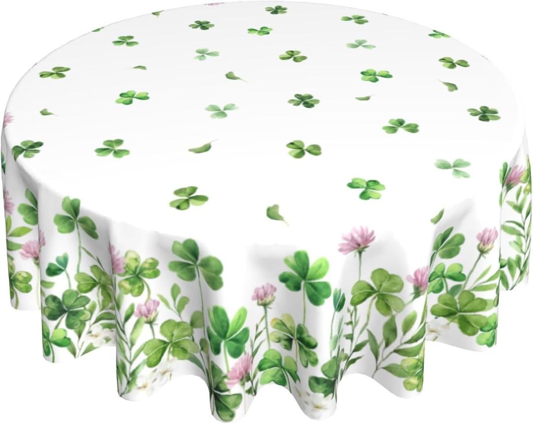 St Patricks Day Tablecloth Round 60 Inch Shamrock Flowers Holiday Table Cloth Water Resistant Fabric Table Covers for Kitchen Dining Small Tablecloth for Party Home Decor