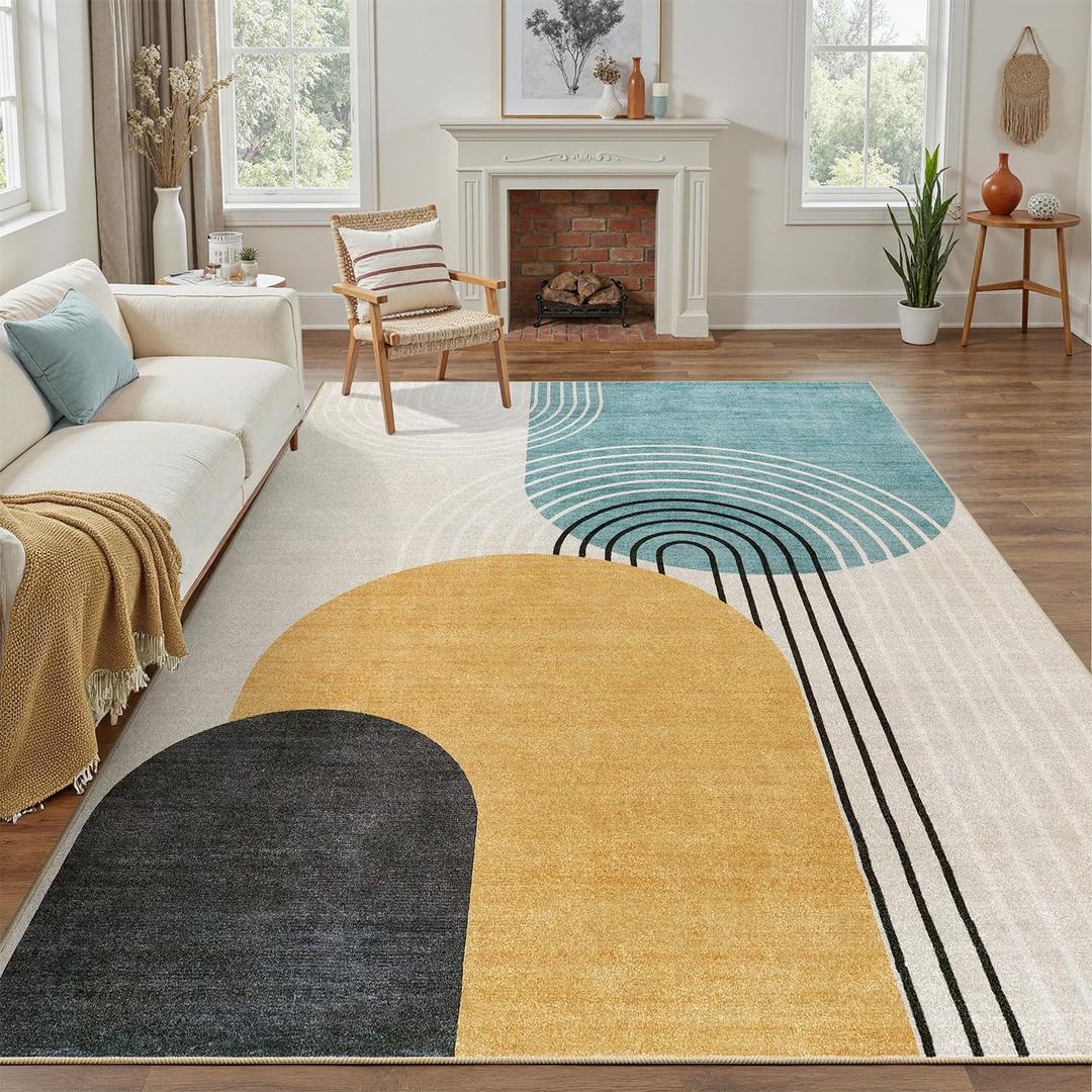 DCX Machine Washable 6x9 Area Rug, Midcentury Modern Non Slip Stain Resistant Rug 6x9 for Living Room, Playroom, Dining Room, Soft 0.25" Low Pile Large Carpet, Blue & Yellow