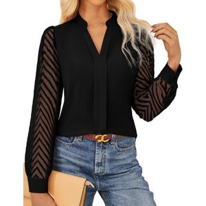 GRACE KARIN Women Business Casual Tops Sheer Lace Long Sleeve Blouses Work Office Pleated V Neck Shirt Fall Formal Outfits Black, Large