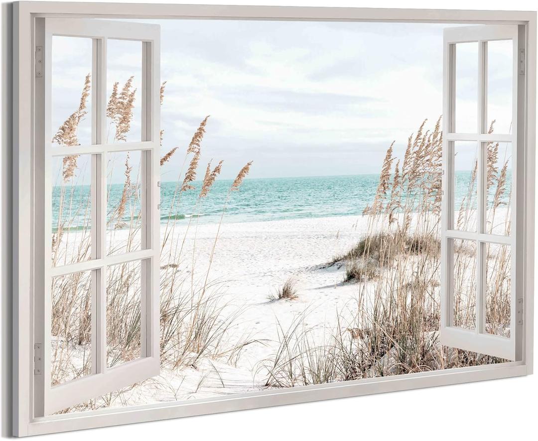 Beach Window Canvas Wall Art: Living Room Blue Ocean Scene Painting Coastal Seascape Picture Bedroom Modern Relaxing Sea Landscape Print Tropical Seaside Artwork Decor for Home Office