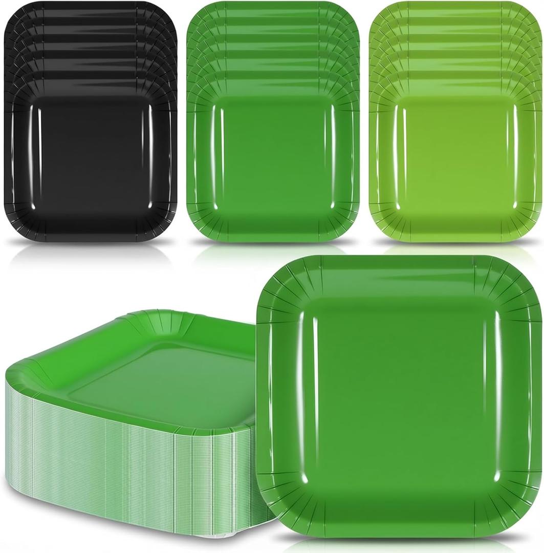 120 Pcs Square Paper Plates, Disposable Square Birthday Party Dessert Plates, Paper Dinner Plate for Party Theme Decorations Wedding Halloween Bridal Shower(Black, Grass green, Dark green, 7 Inch)