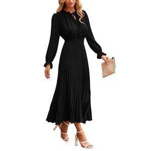 PRETTYGARDEN Women's 2025 Spring Fall Midi Dress Casual Long Sleeve V Neck Swiss Dot Pleated A Line Flowy Dresses (Black,XXLarge)