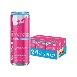 Red Bull Summer Edition Sugarfree Energy Drink, White Peach, 12 fl. oz., 6 x 4 Cans, Pack of 24 Cans, with 114mg Caffeine, Taurine & B Vitamins, BB Date: 05/01/2026
