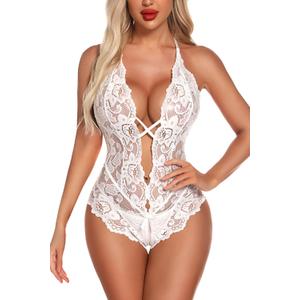 Aranmei Sexy Lingerie for Women Lace Teddy Bodysuit Deep V Cut Out Matching Panty Underwear (Large, White)