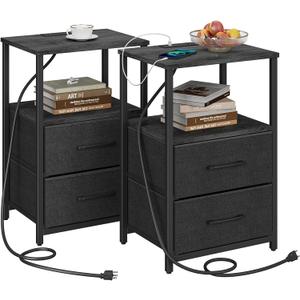TUTOTAK End Table with Charging Station, Side Table with 2 USB Ports and Outlets, Nightstand with Cloth Drawer, Set of 2, Couch Table, Charcoal Grey TB01BY052