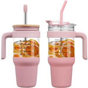 chunmo 40 oz Glass Tumbler with 2 Lids-Bamboo Straw Lid & 2-in-1 Sip and Flip Straw Lid,Iced Coffee Cup with Handle, Glass Water Bottles with Silicone Sleeve,Glass Cup with Straws, BPA Free-1 Pack