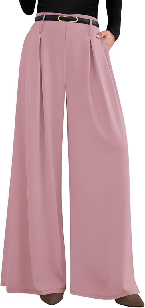 PRETTYGARDEN Womens Wide Leg Trousers 2026 Elastic High Waisted Dress Pants Pleated Slacks Flowy Business Work Palazzo Pants (Pink, S)