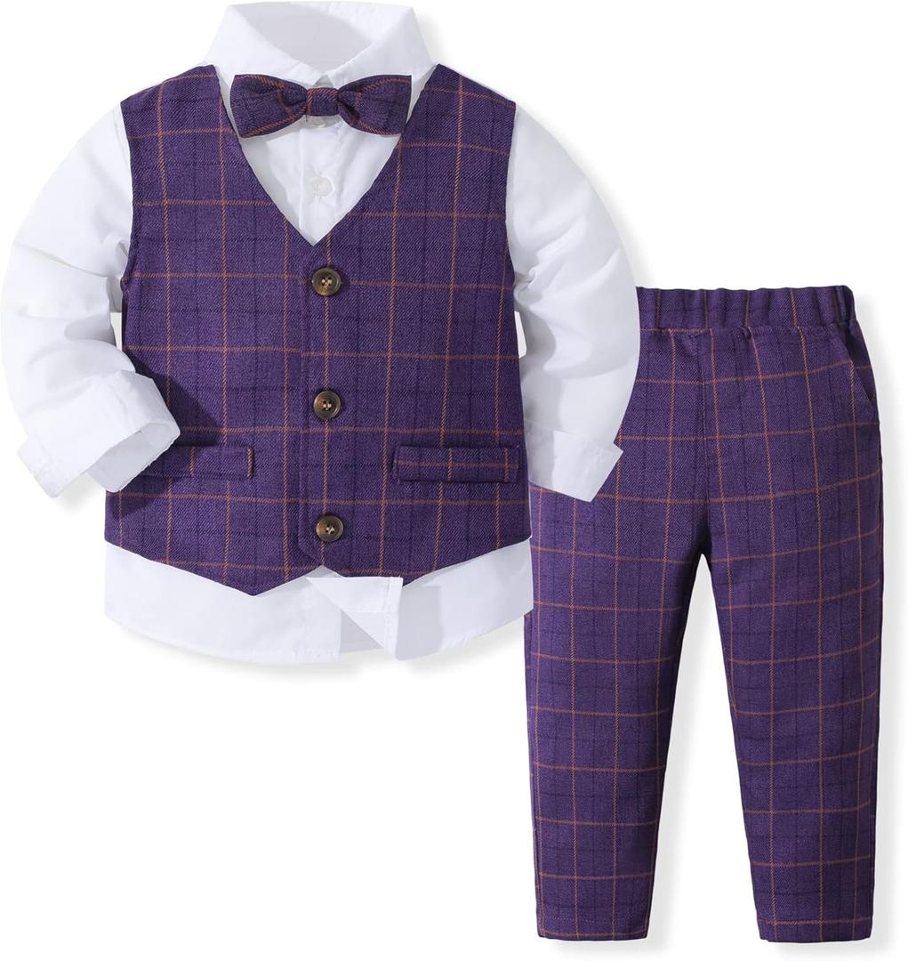 Toddler Gentleman Baby Boy's Long Sleeve White Shirt with Fake Dark Purple Plaid Vest + Pants with Bowtie Outfit Suits 4-5 Years