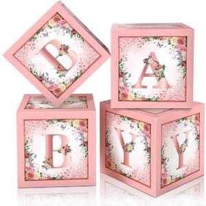 Floral Baby Shower Box Birthday Party Decoration Pink Balloon Blocks First Birthday Centerpiece Decor for Girls Rose Gold Gender Reveal Party Supplies