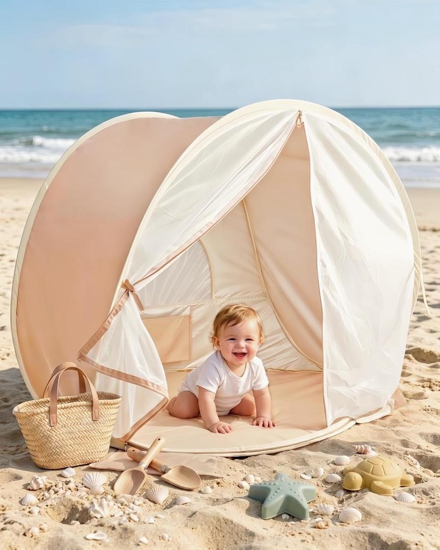 Baby Beach Tent, Pop Up Baby Tent with UV Protection, 37"x29"x33" Baby Sun Shade, Portable Baby Beach Essentials | 1.2lbs Lightweight, Sand-Proof Mesh Door, 4 Steel Stakes & Carry Bag