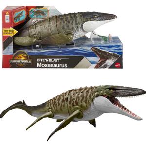 Mattel Jurassic World Rebirth Bite N Blast Mosasaurus Action Figure & Mini Dilophosaurus, Wide Jaw Dinosaur Toy, Movie-Accurate Posable, Digital Play