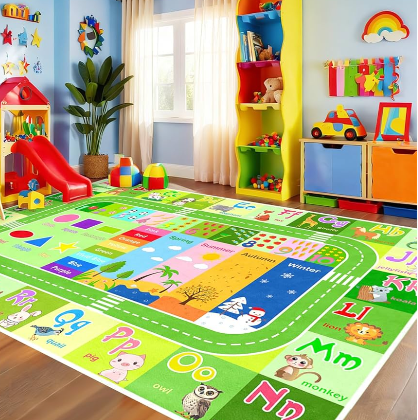 Alphabet Rugs for Kids Playroom - ABC Rug for Classroom with ABC Alphabet,Animals Colors,ABC Carpet for Children Playroom Cartoon Kids Play Mat for Bedroom Decor,Green,2.5x4 Feet