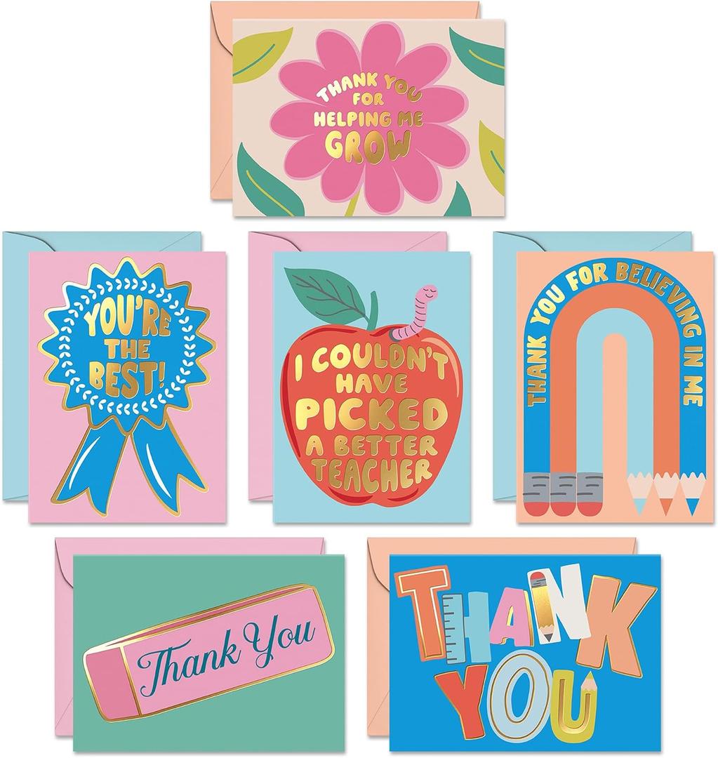 S&O Set of 24 School Teacher Appreciation Cards - 6 Assorted Thank You Notes - Cute Thanks Messages with Envelopes - Kids Grateful Designs for Mentor & Coach - Gratitude for Professors