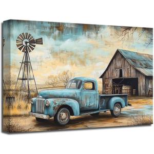 XLMDYYSW Farmhouse Truck Wall Art Rustic Old Barn Paintings Vintage Truck and Flower Canvas Prints Country Landscape Picture for Living Room Bedroom Framed (Blue, 12.00" x 18.00")