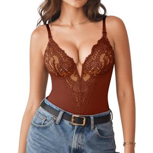 Popilush Shapewear Bodysuits for Women Lace Corset Tops Tummy Control V Neck Sleeveless Body Suit Thongs (Brown, XXXL)