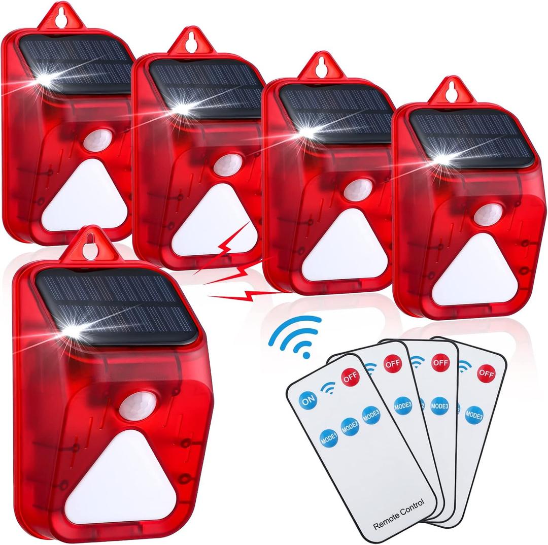 4 Pack Solar Alarm Motion Detector with Sound Light 129dB 6 LEDs Strobe Alarm Motion Sensor Outdoor Security Alarm Siren Waterproof Motion Activated Alarms for Farm, Barn, Villa, Home, Yard