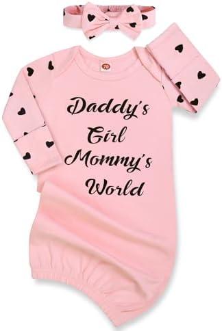 Mikccer Newborn Baby Girl Gown 0-6 Months, Baby Girl Nightgowns, Babies Girls Gift, Little Sister Newborn Outfit and Coming Home Outfits with Headband Set Pink, Size 70