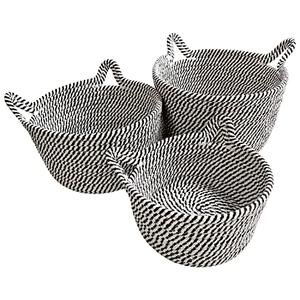Small Woven Baskets | Mini Storage Bins | Cotton Rope Baby Nursery Organizers | Cute Round Cat Ears Basket for Organizing Desk Decor Kids Toy Dog Cat Baby Girls Gifts-Set of 3 (Black white)