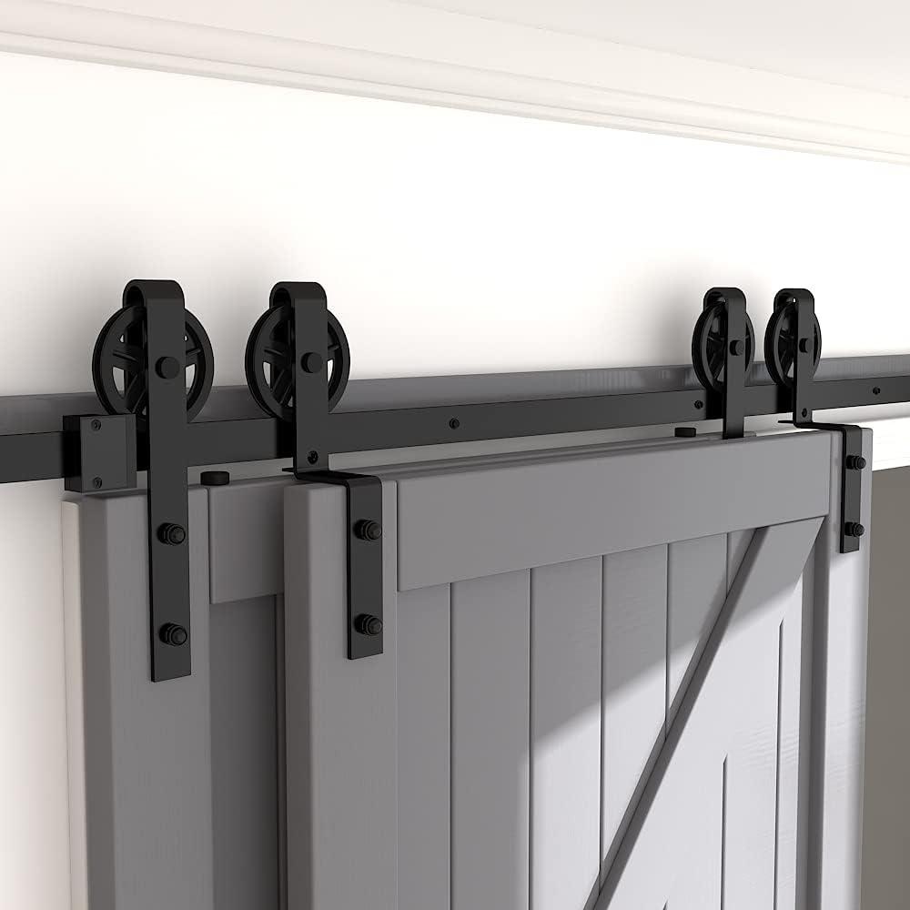 skysen 8FT Heavy Duty Sliding Barn Door Hardware Single Track Bypass Double Door Kit Black(Bypass Big Spoke Wheel-1)