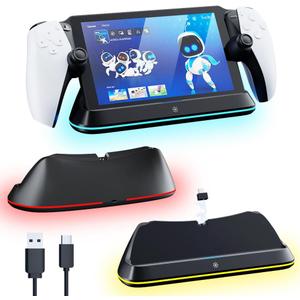 HONCAM Charging Stand for PlayStation Portal,PS Portal Stand with 7 RGB Light Modes, Portable Dock Station with Magnetic Connector and USB-C Charging Cable, Black